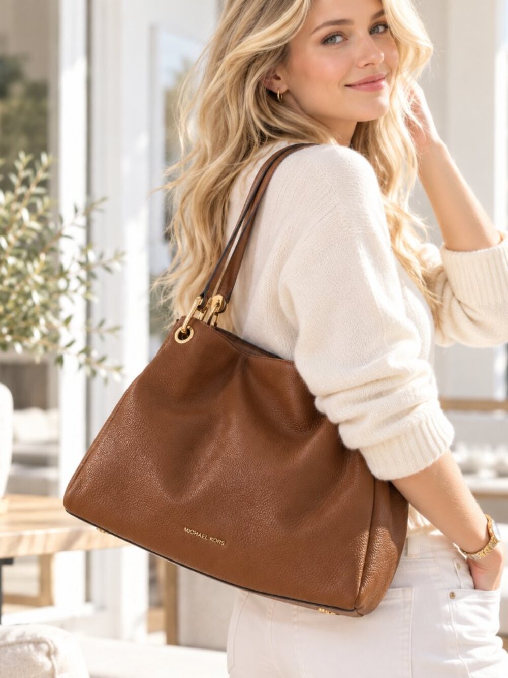 Michael Kors Raven Large Brown Pebbled Leather Shoulder Bag Tote